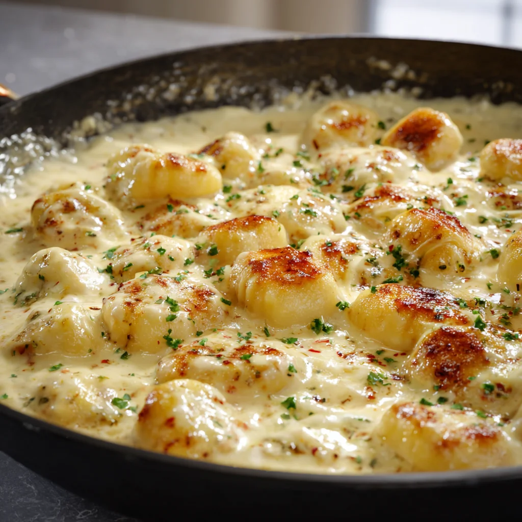 Gnocchi simmering in creamy cheese sauce in a skillet.