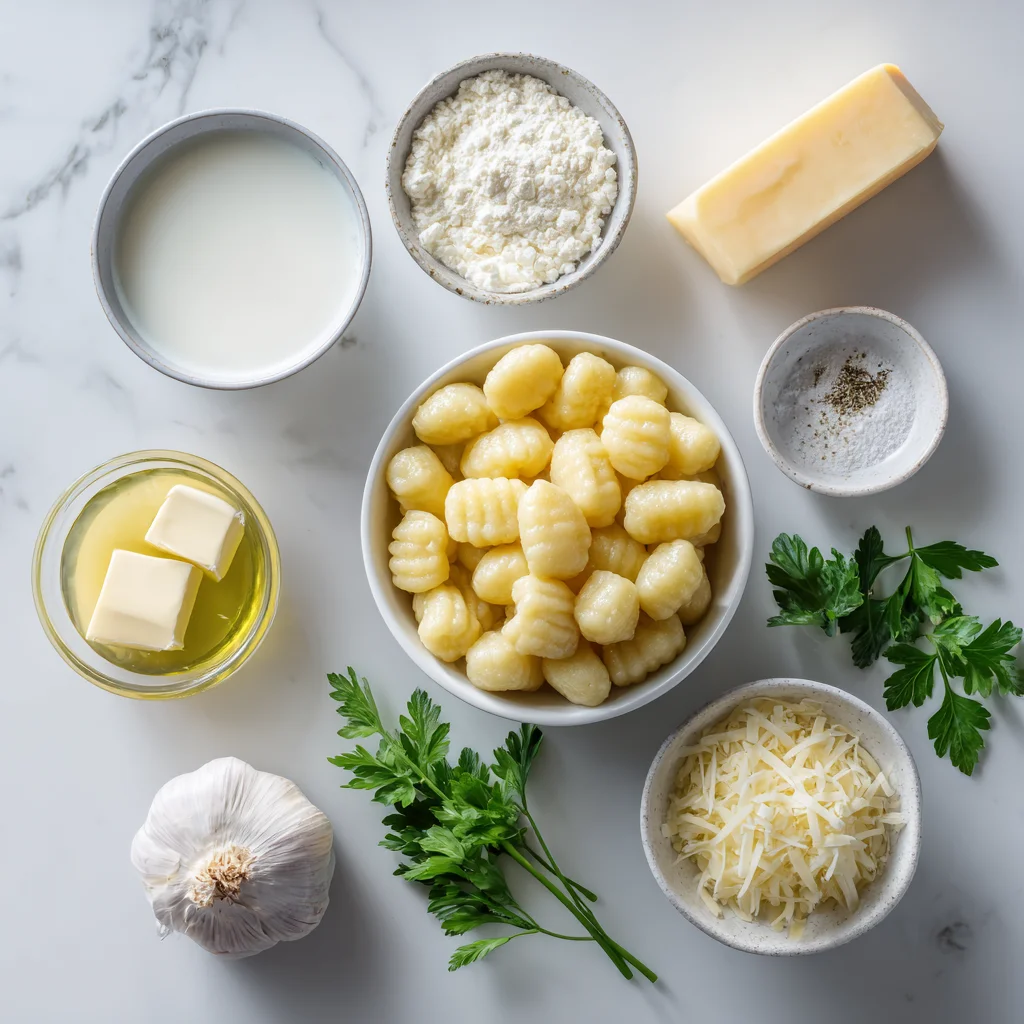 Ingredients for skillet gnocchi mac and cheese arranged on a white marble surface.
