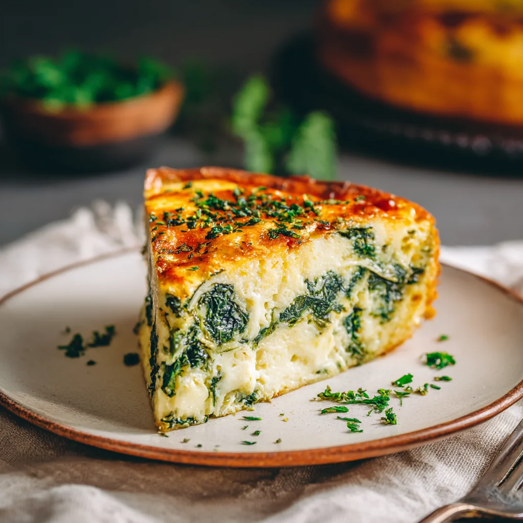 Slice of spinach crustless quiche served with herbs on a plate.