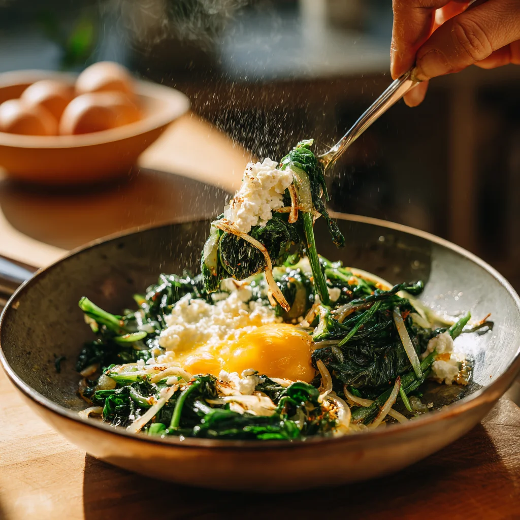 pinach, onions, and garlic being mixed into the egg and cottage cheese mixture.