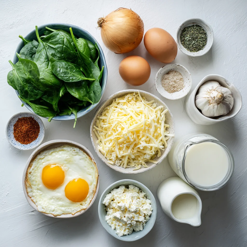 “Ingredients for spinach crustless quiche displayed in a flat lay arrangement.