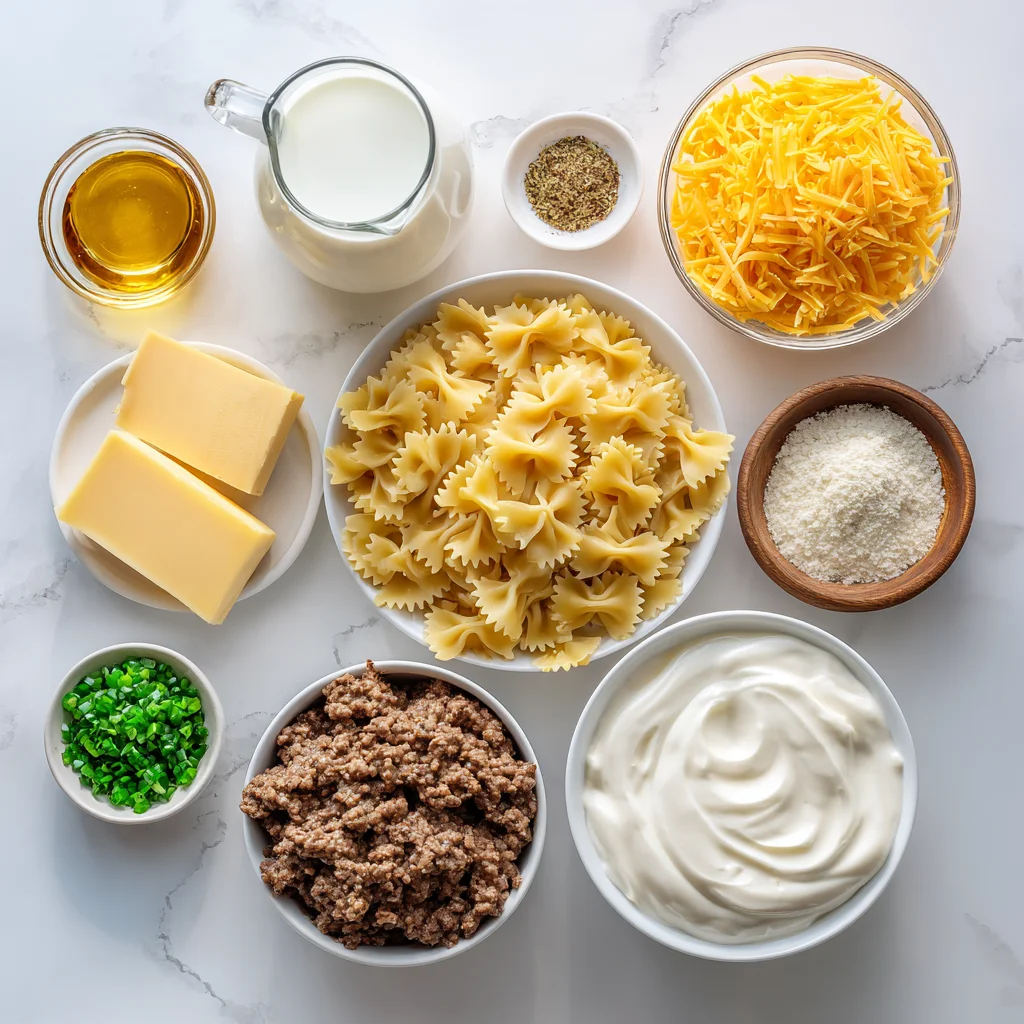 Ingredients for creamy ranch beef bowtie skillet arranged on a bright marble countertop.