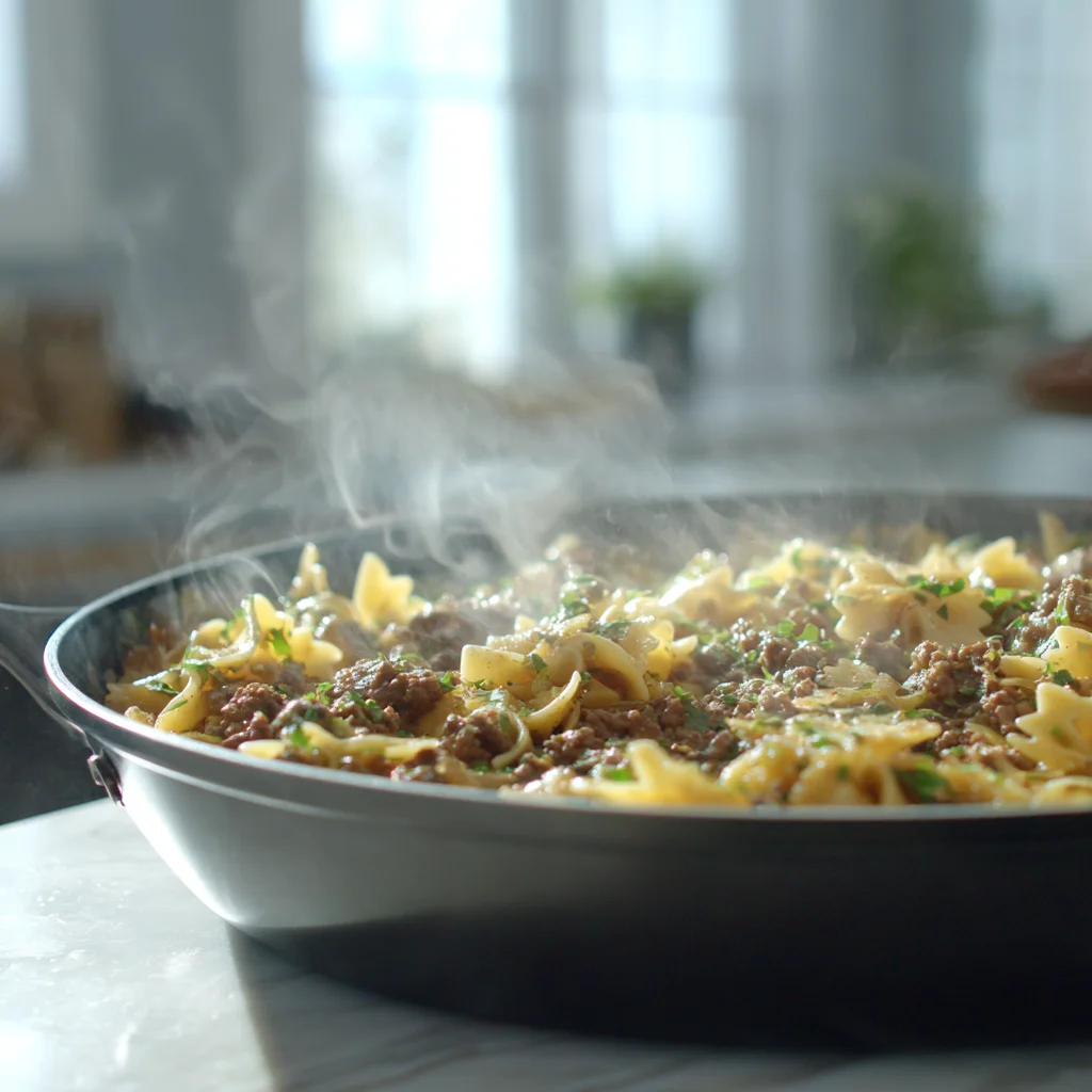 A bowl of creamy ranch beef bowtie pasta with sweet corn served on a marble countertop.