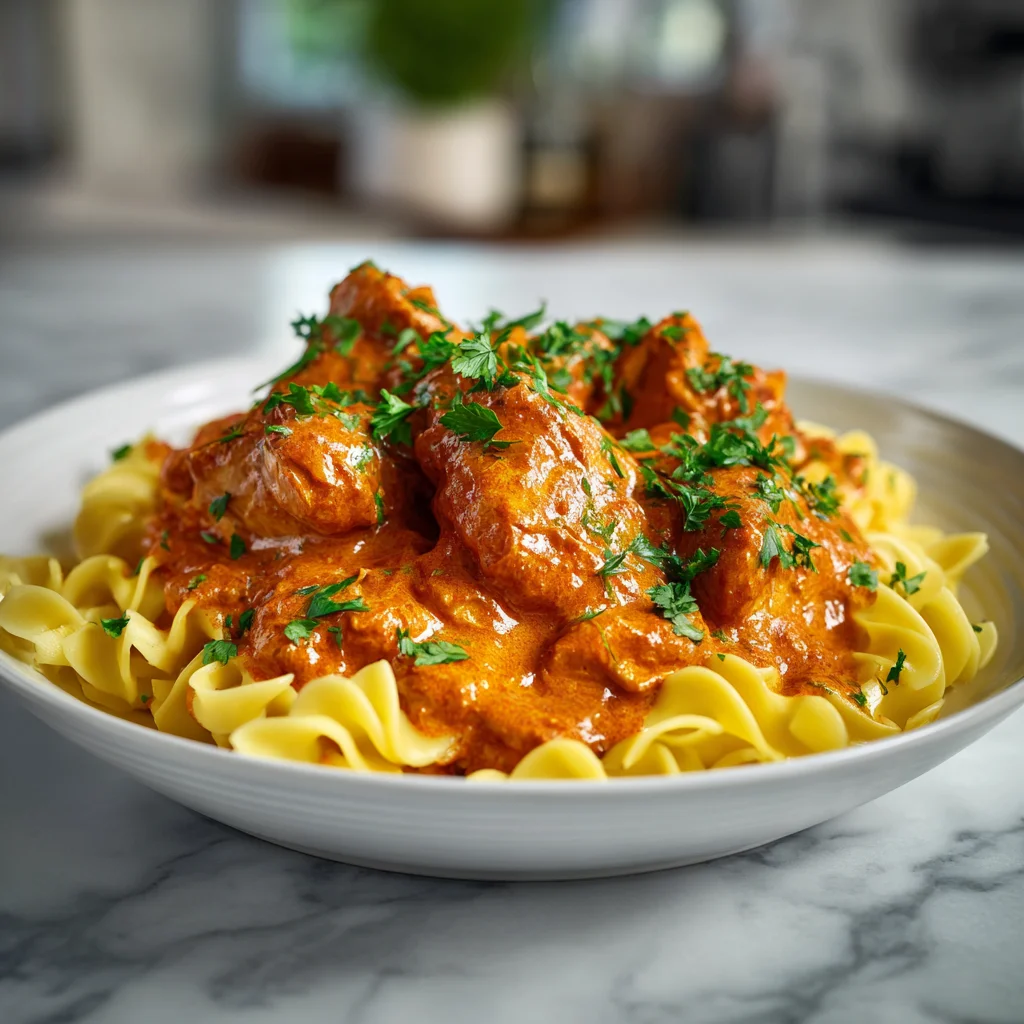 “Creamy American Style Chicken Paprikash served over egg noodles with parsley garnish.”