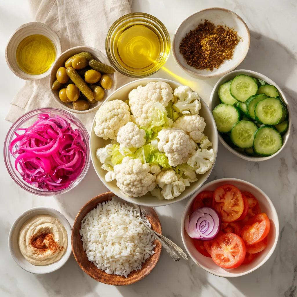Ingredients for cauliflower shawarma bowls arranged on a bright marble countertop.