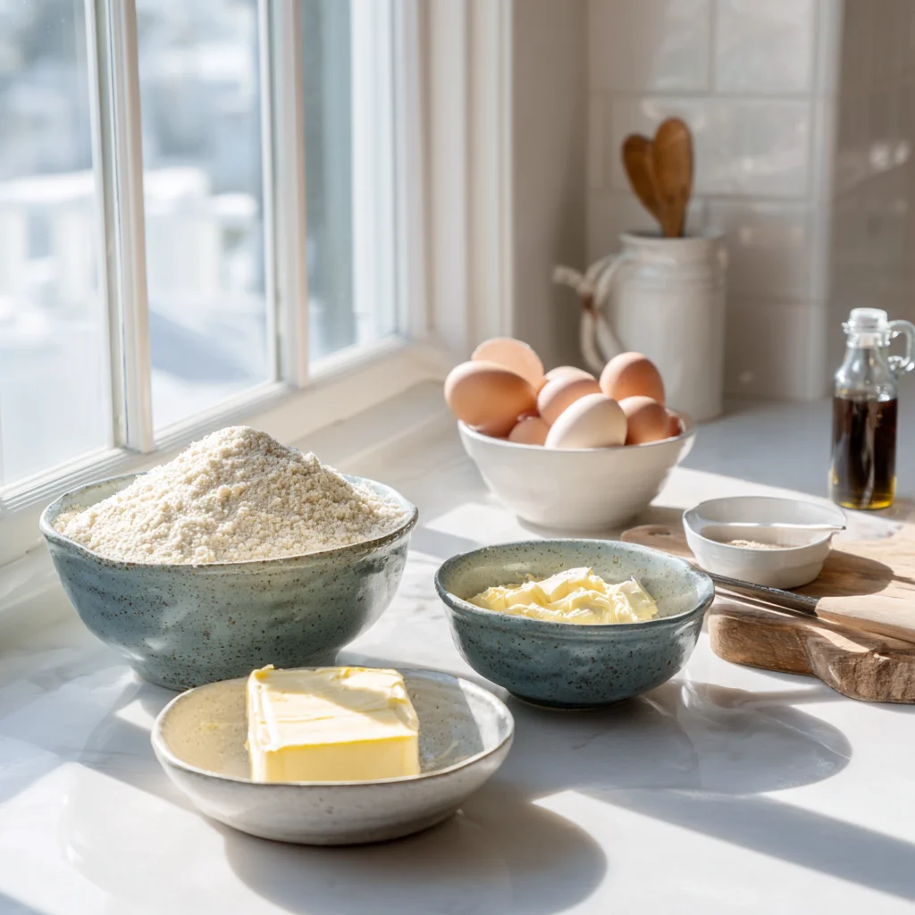 Fluffy keto cream cheese cookie ingredients on a kitchen counter.