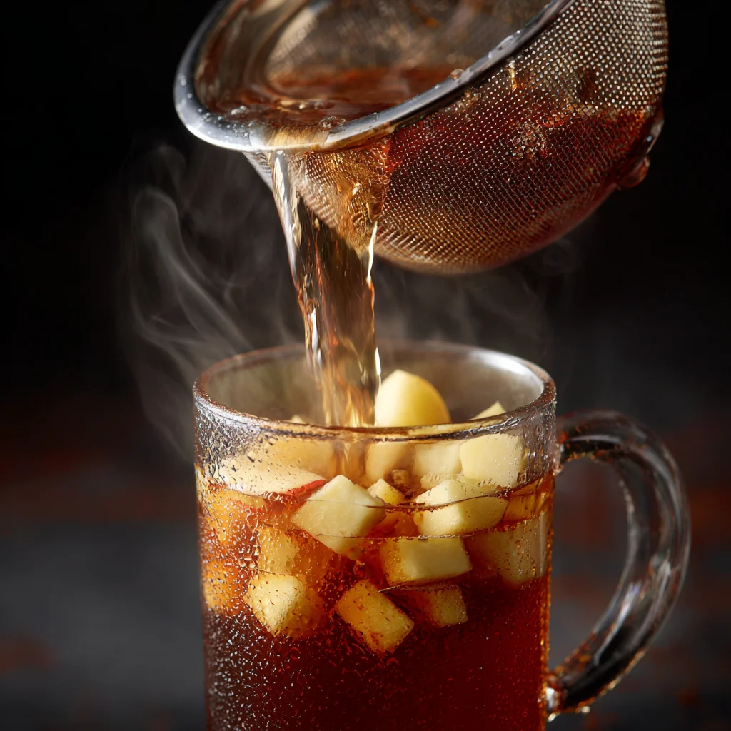 Straining golden apple cinnamon ginger tea into mug.
