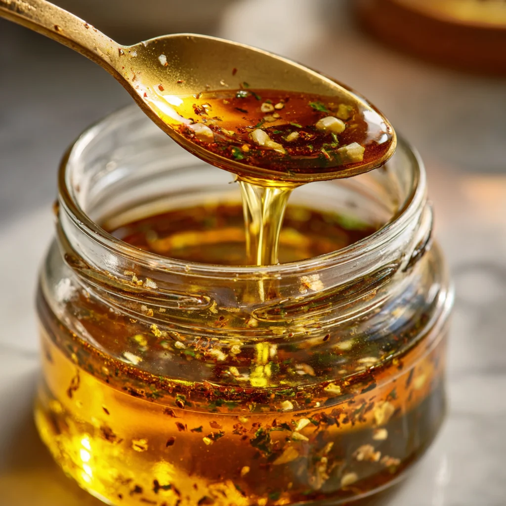 Shaking homemade balsamic vinaigrette in a jar.