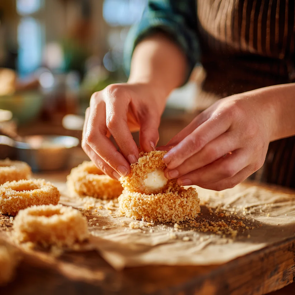 Coating mozzarella-stuffed onion rings before baking.