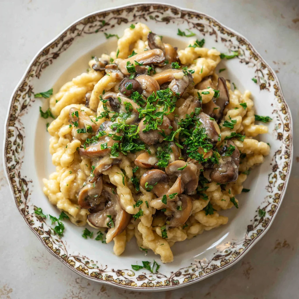 Served German spaetzle with mushroom sauce and parsley.