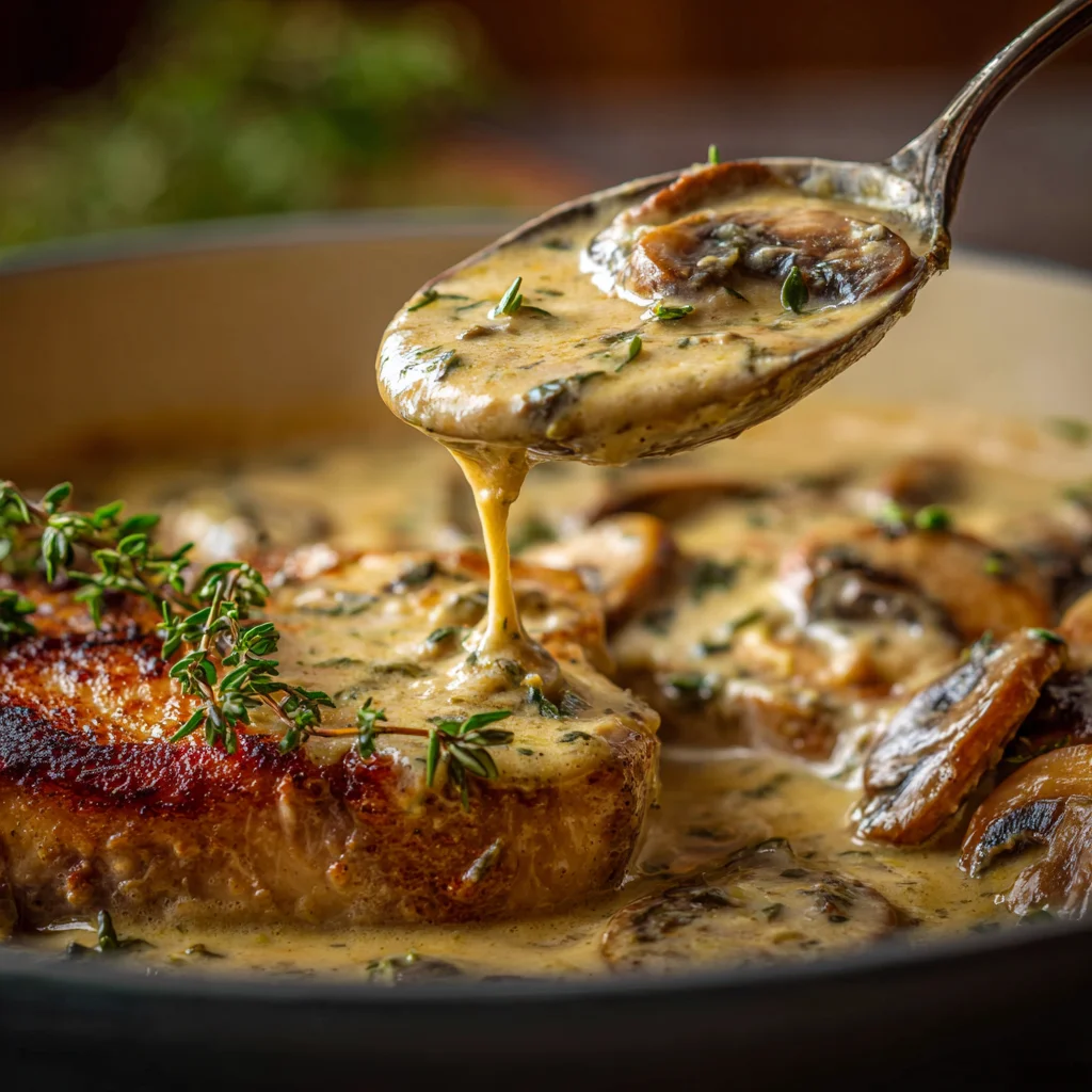 Creamy mushroom sauce with thyme in pan.
