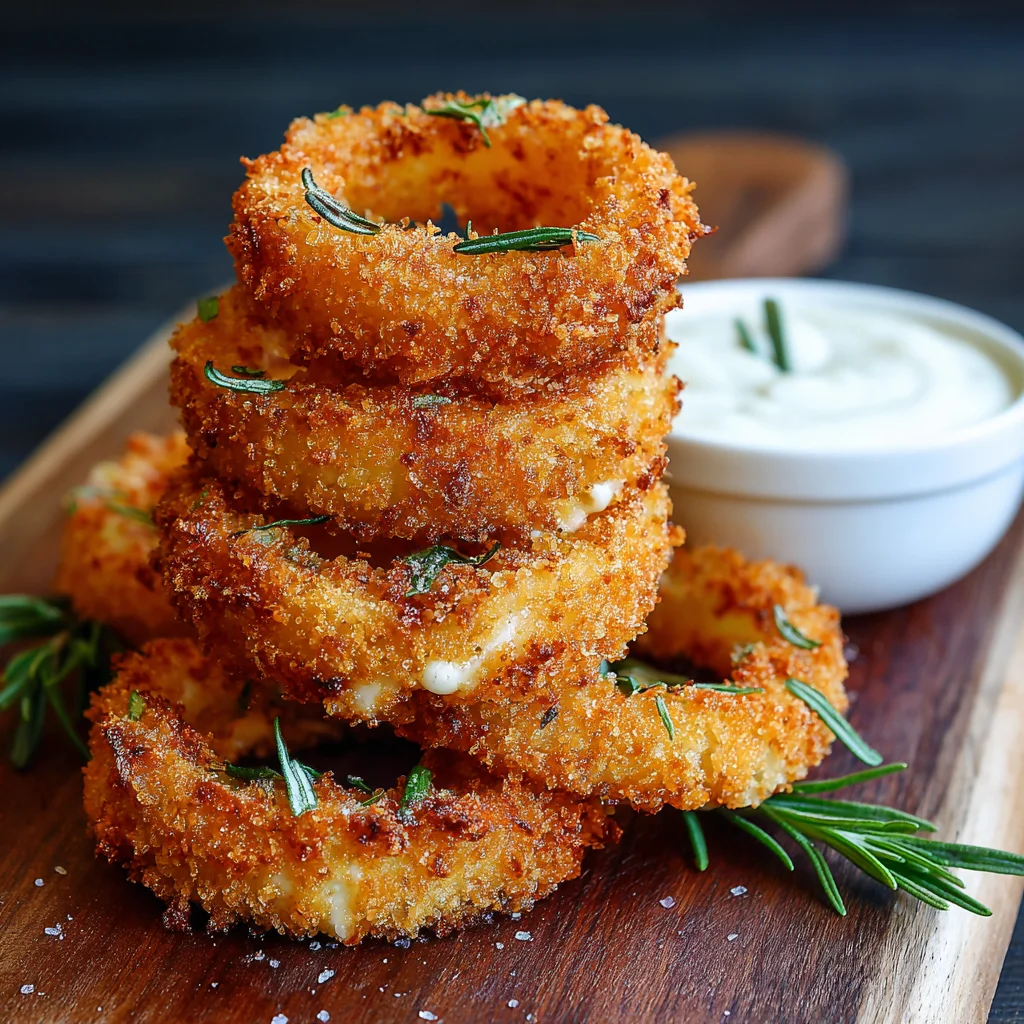 Crispy baked mozzarella-stuffed onion rings served with marinara sauce.