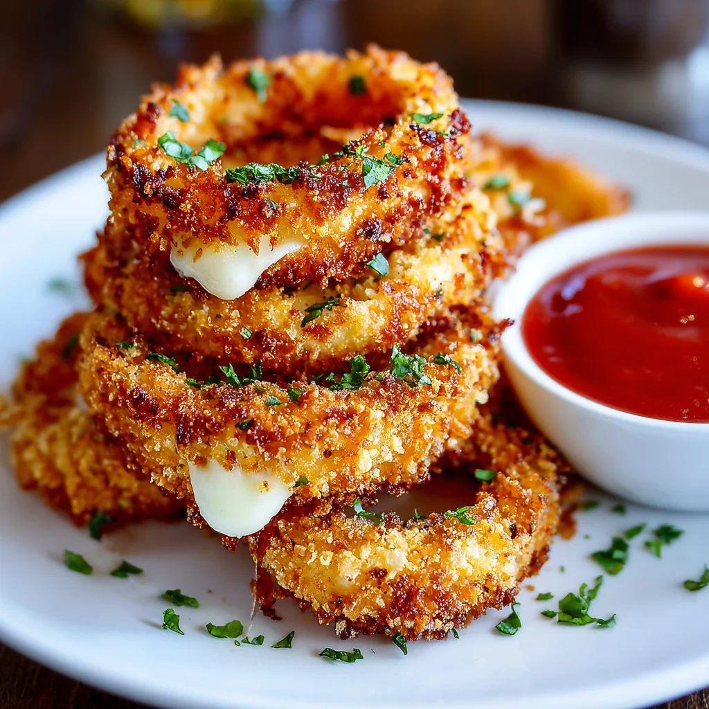 Crispy baked mozzarella-stuffed onion rings served with marinara sauce.