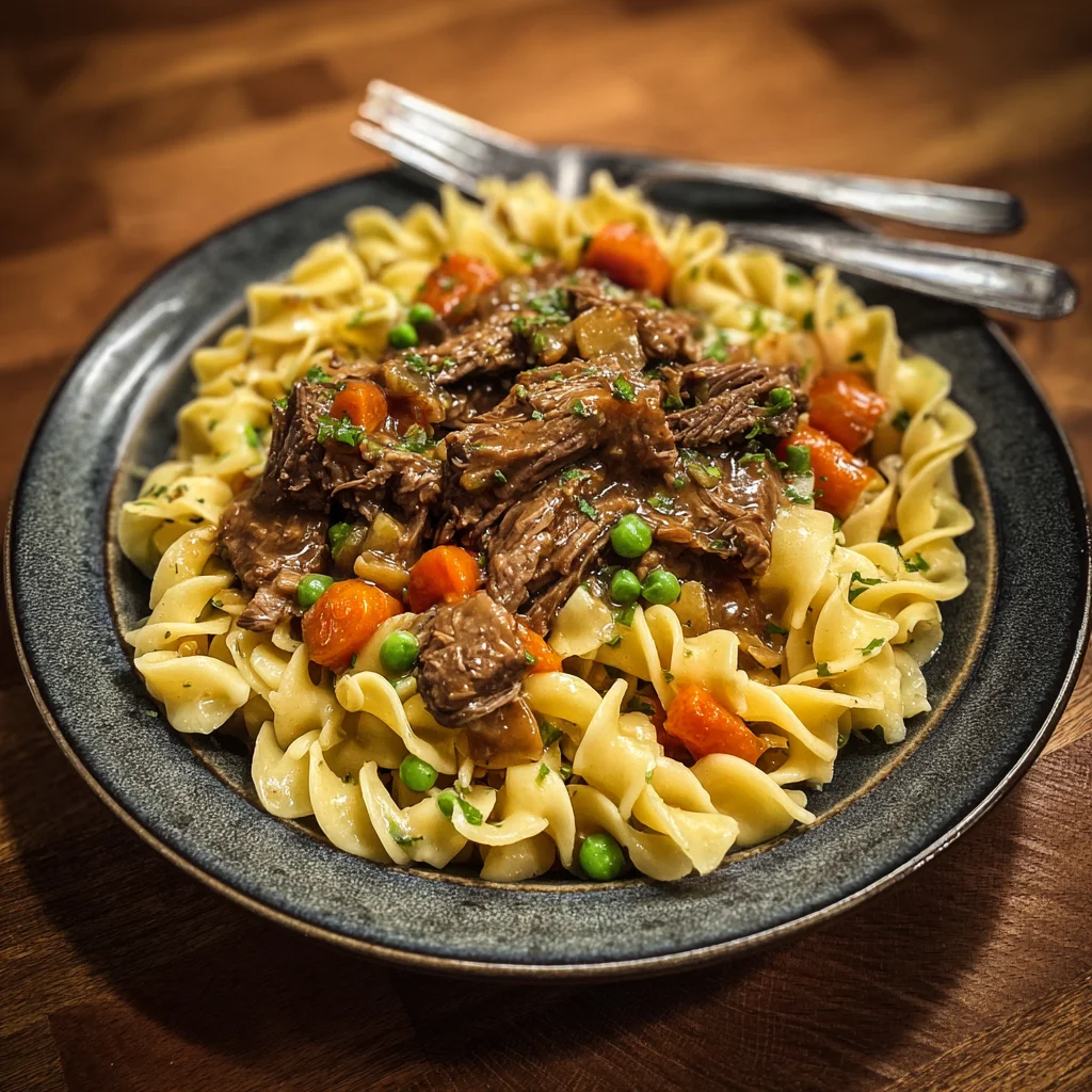 Crockpot beef and noodles served warm in a bowl with parsley garnish.