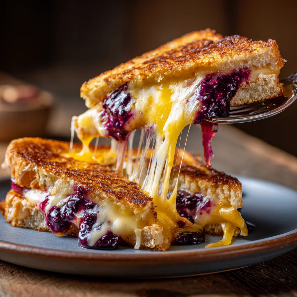 Served gooey blueberry grilled cheese with melted cheese pull.