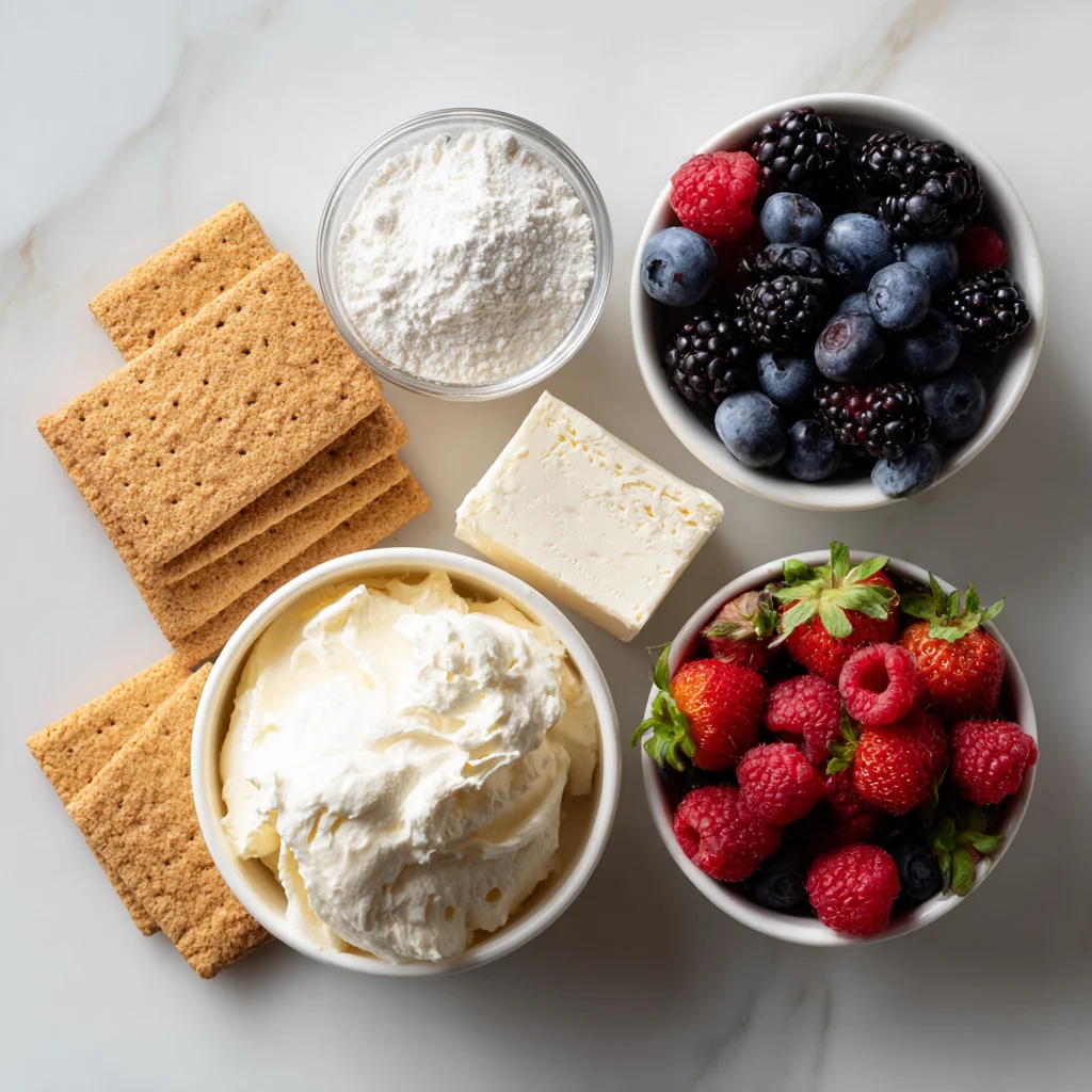 Realistic top view of Cheesecake Fluff ingredients on white marble.