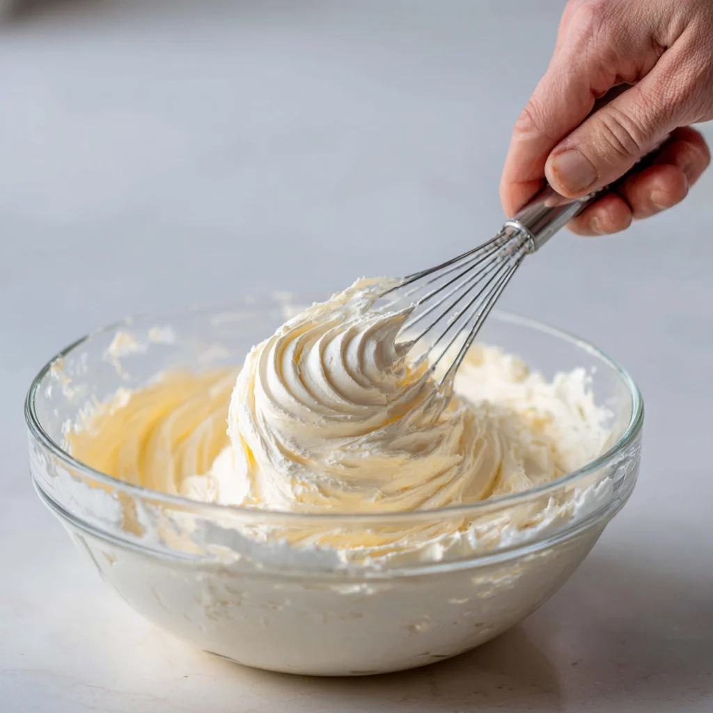 Close-up of mixing whipped cream and cream cheese for Cheesecake Fluff.