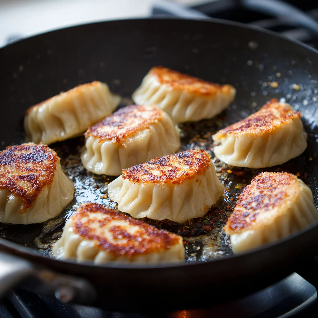 Pan-frying frozen dumplings for crisp bottoms