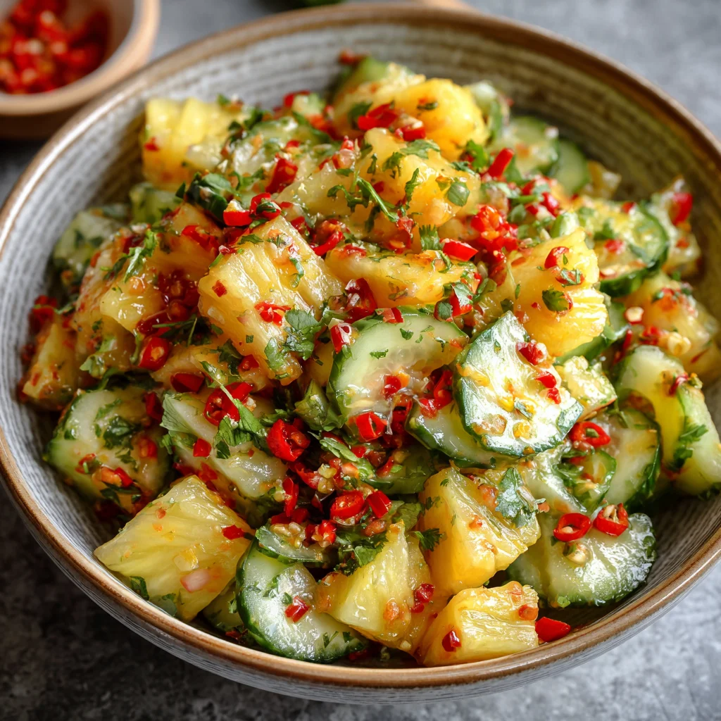 Served pineapple cucumber salad in bowl.