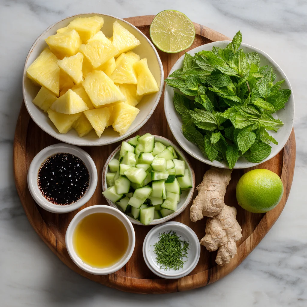Easy pineapple cucumber salad ingredients with fresh fruit and herbs.