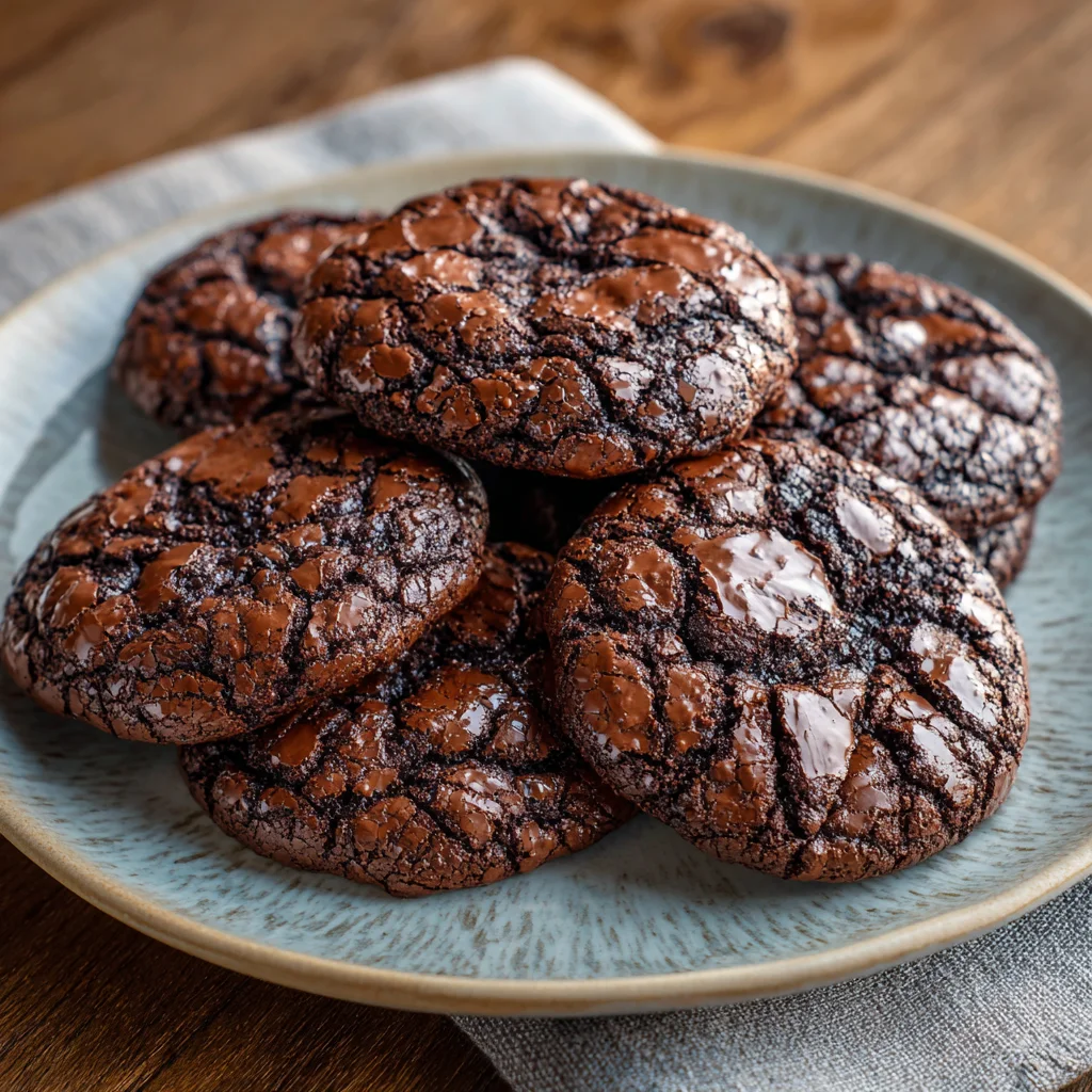 Stack of chewy flourless fudge cookies with bite.