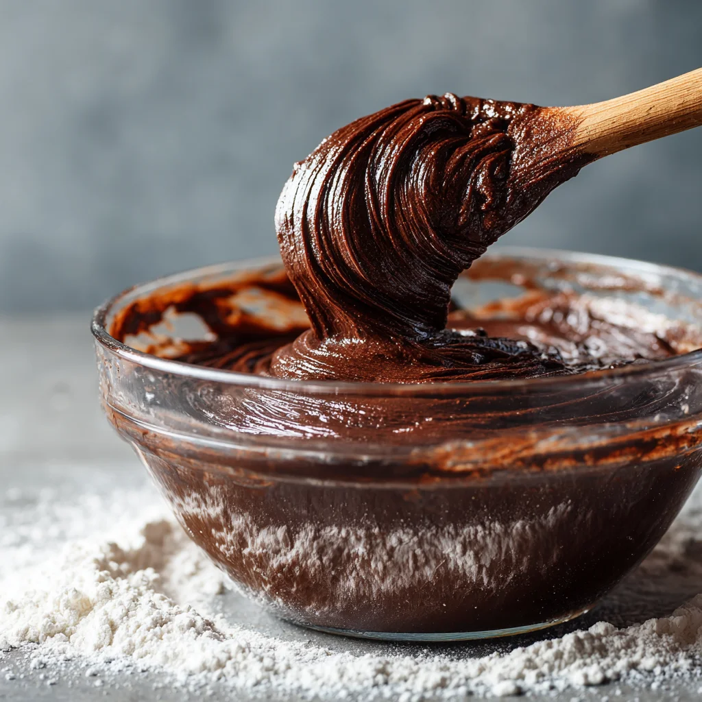 Close-up of thick chocolate batter in glass bowl, wooden spoon lifting glossy mix, cocoa swirls, flour dust on counter, natural window light — photorealistic food styling -
