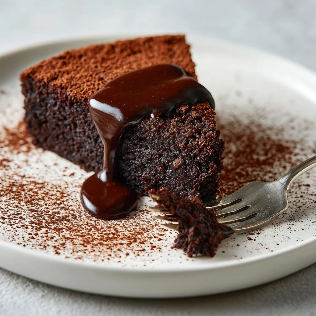 Fudgy keto chocolate cake slice with ganache drip.