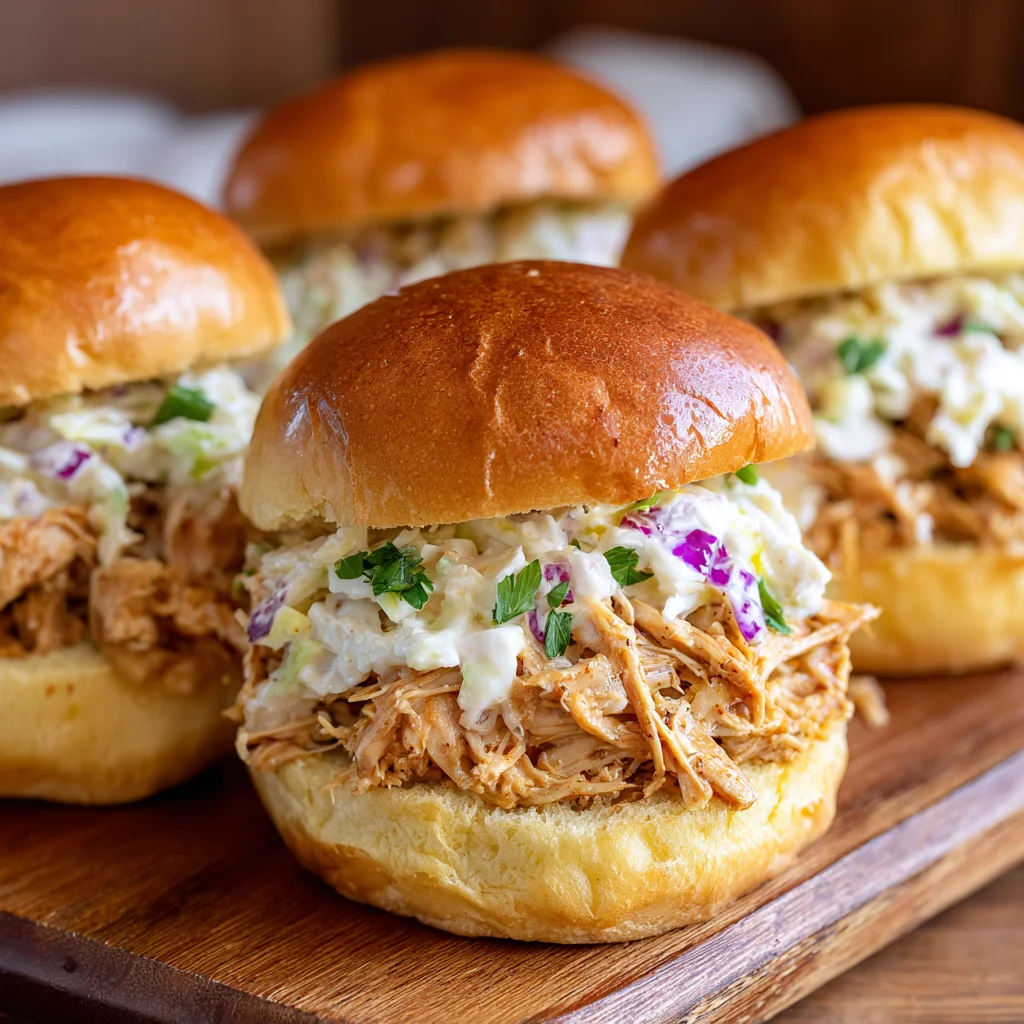 Finished Easy Crockpot Mississippi Chicken Sliders ready to serve.