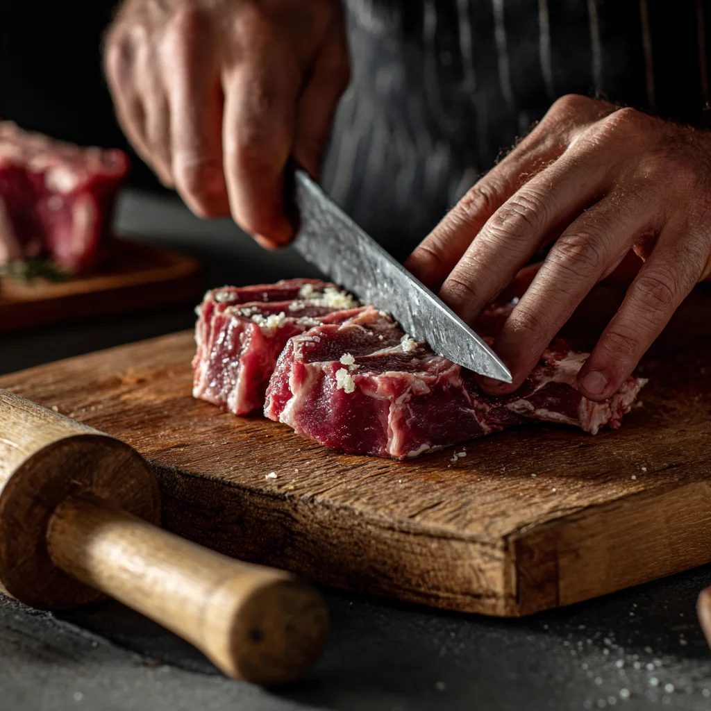 Step-by-step butterflying pork chop for even quick cooking