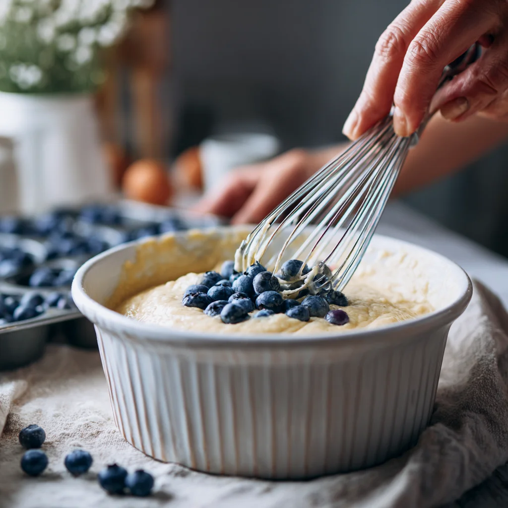 Mixing blueberry protein muffin batter in a bowl.