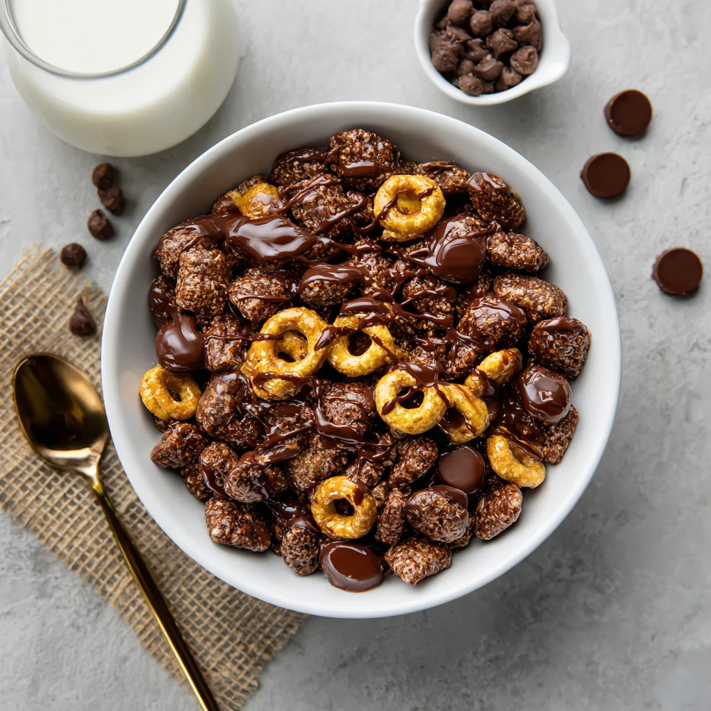 Bowl of chocolate PB cereal with milk.
