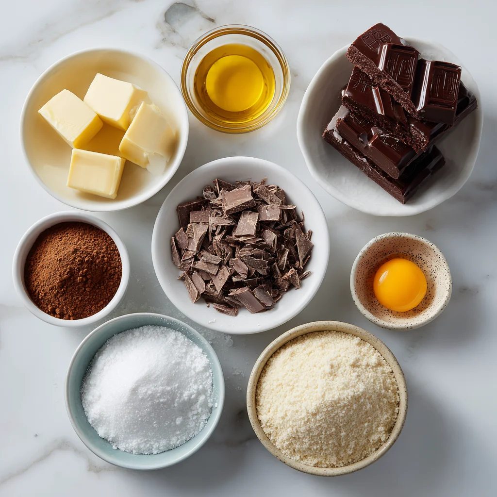 Keto brownies ingredients with almond flour, cocoa, and sugar-free chips on counter.