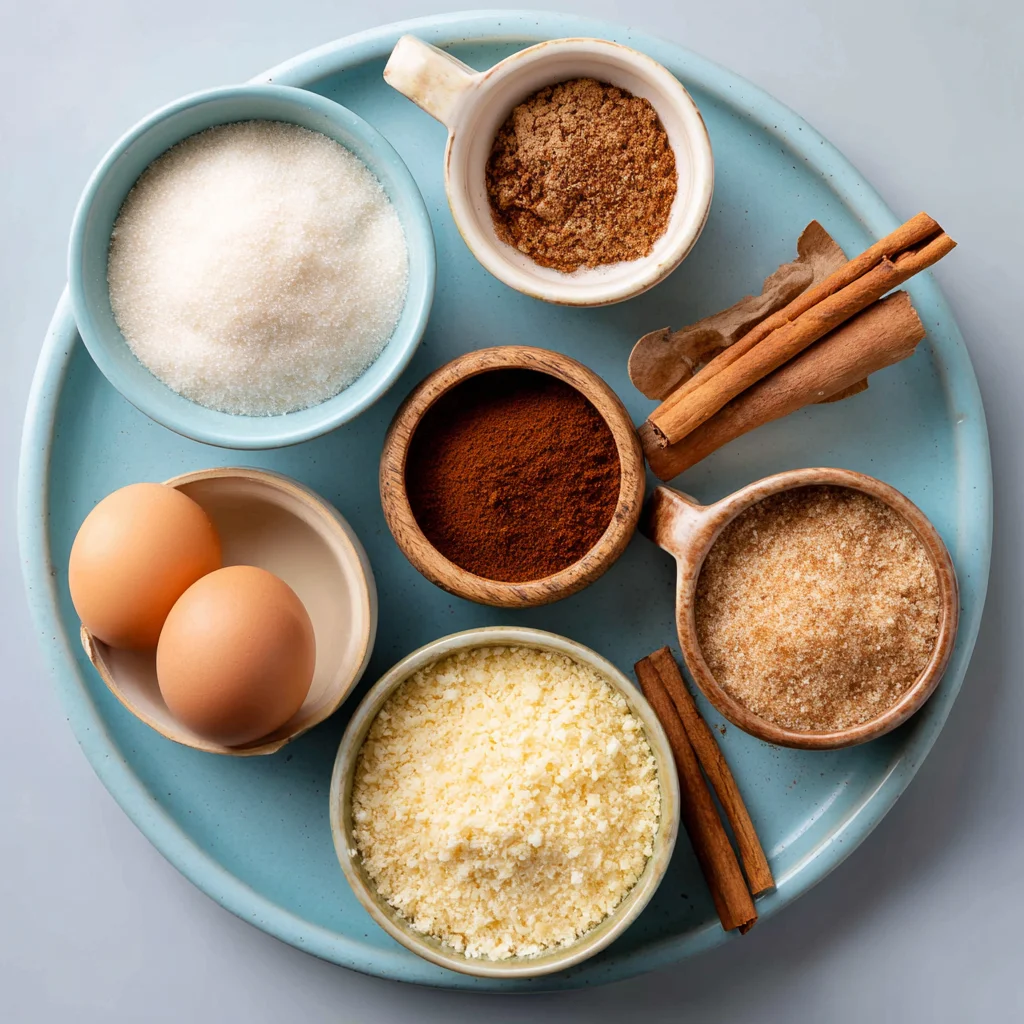 Fluffy keto cinnamon mug cake ingredients with almond flour and egg.