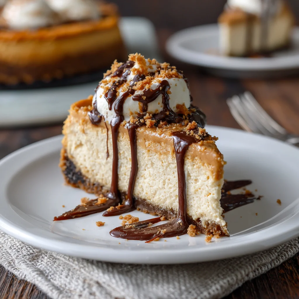 Slice of keto peanut butter cheesecake with creamy texture and PB drizzle.