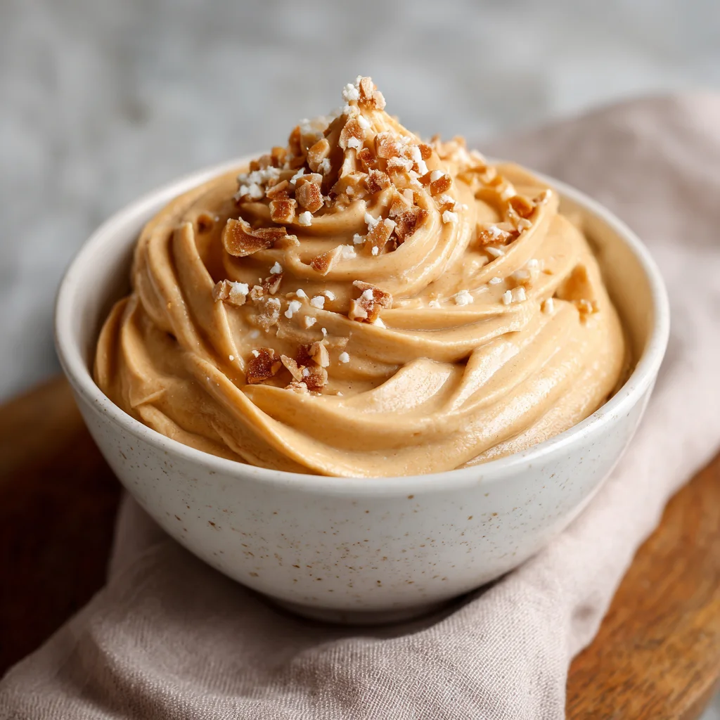 Served creamy keto peanut butter fluff with spoon.