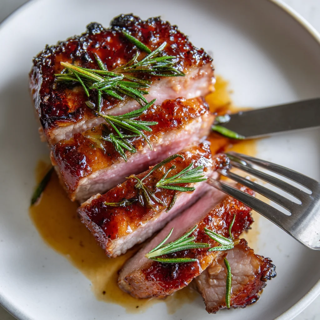 Juicy butterfly pork chop sliced to show perfect doneness with honey mustard glaze