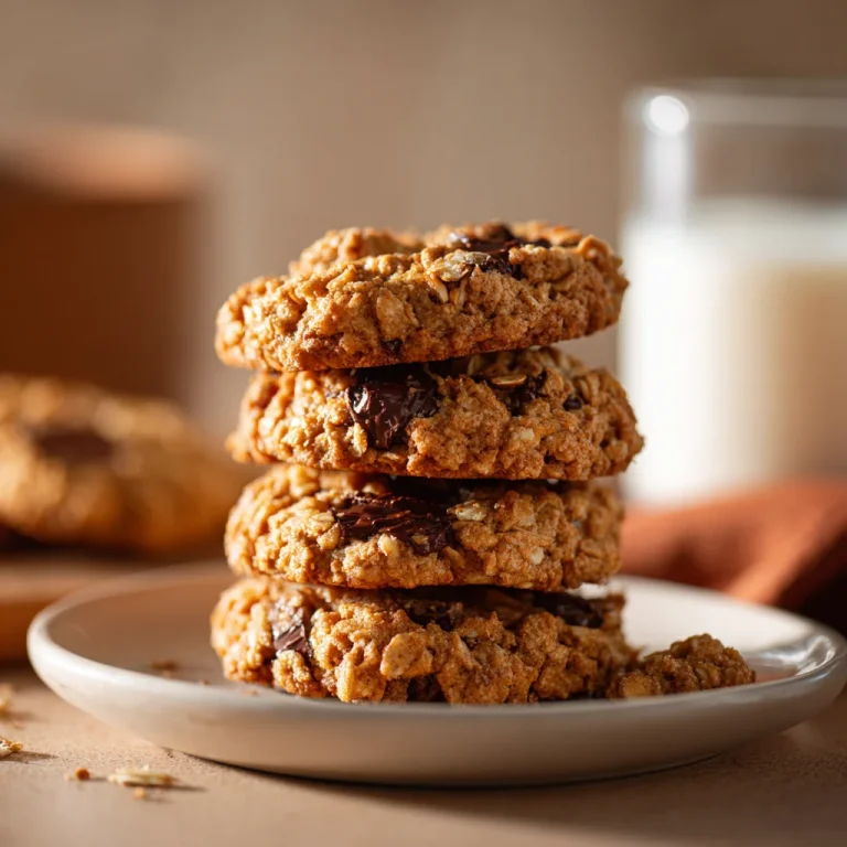 Ultra-realistic stack of soft peanut butter oatmeal cookies served with milk.