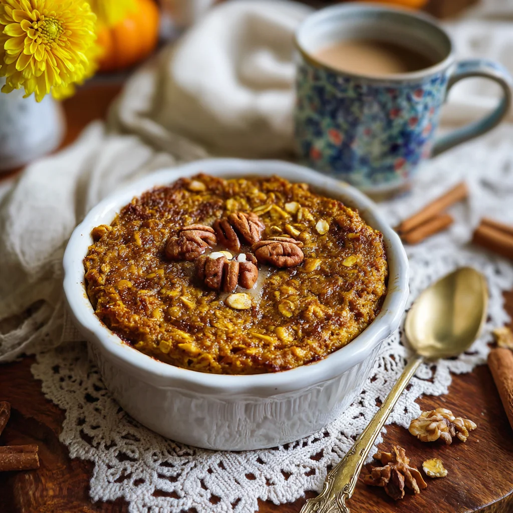 Slice of pumpkin baked oatmeal with cream cheese swirl and pecans.