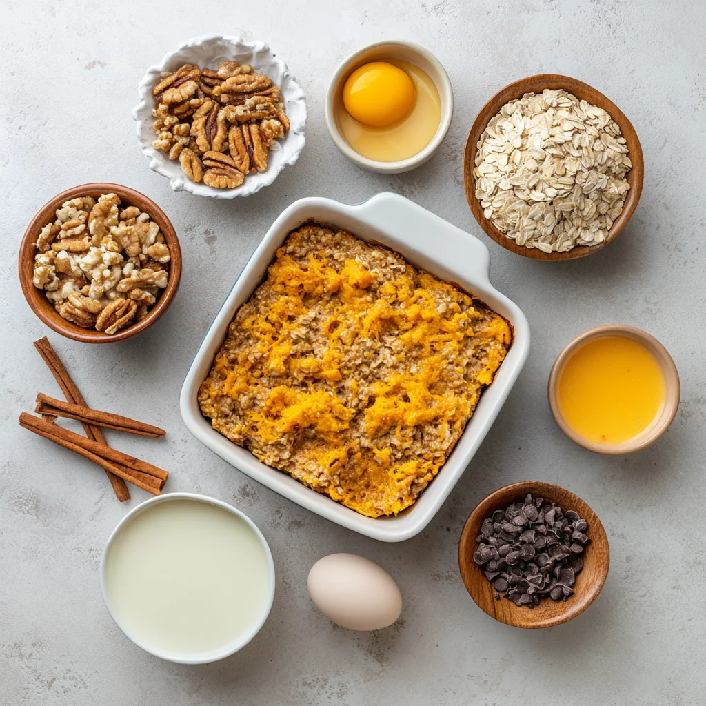 Pumpkin baked oatmeal ingredients with oats, puree, milk, and spices.