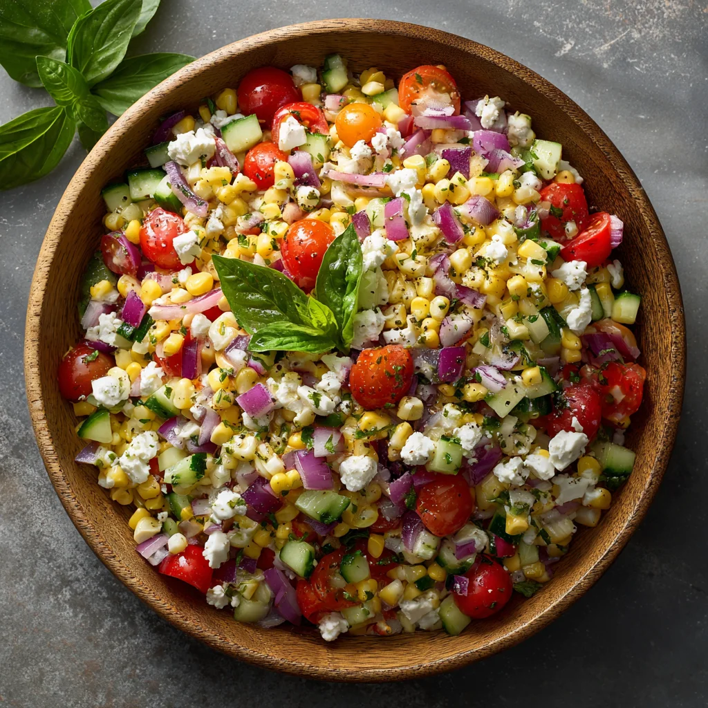 Realistic final serving of Mediterranean Greek corn salad with feta and avocado.