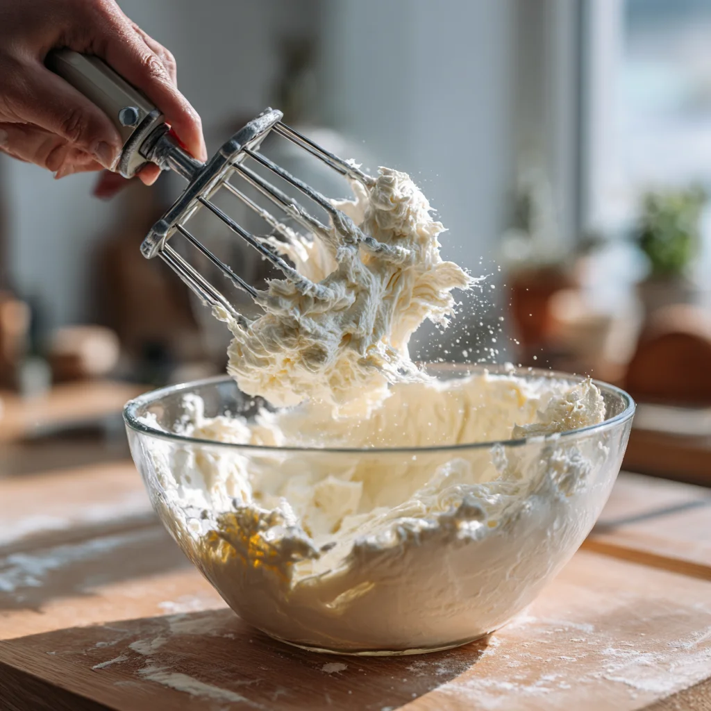 Mixing fluffy keto cookie dough in a glass bowl.