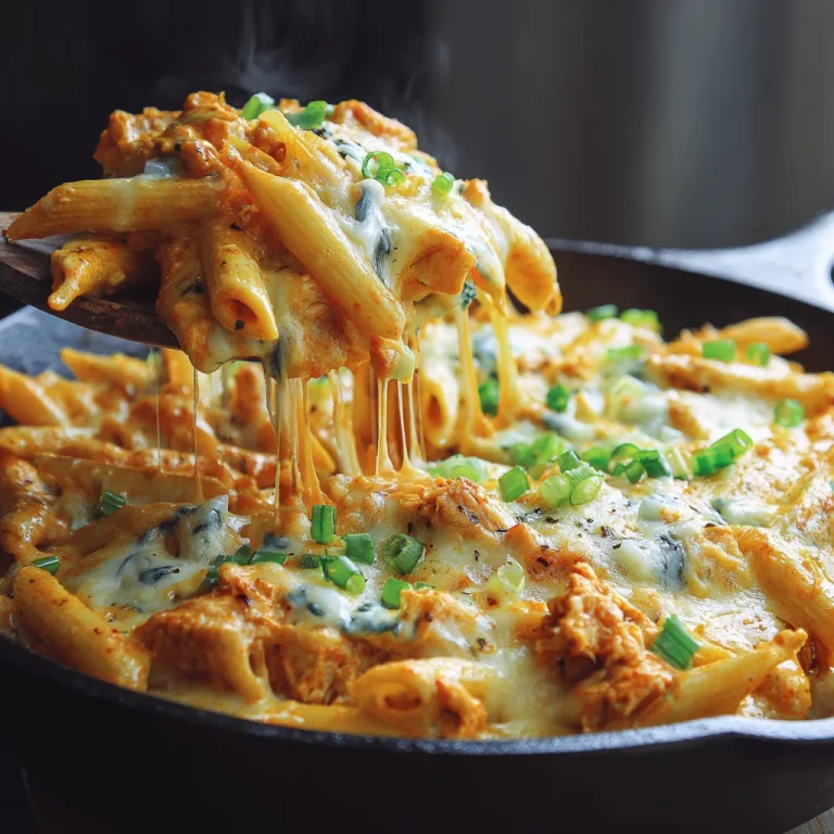 Cooking buffalo chicken in skillet with sauce.