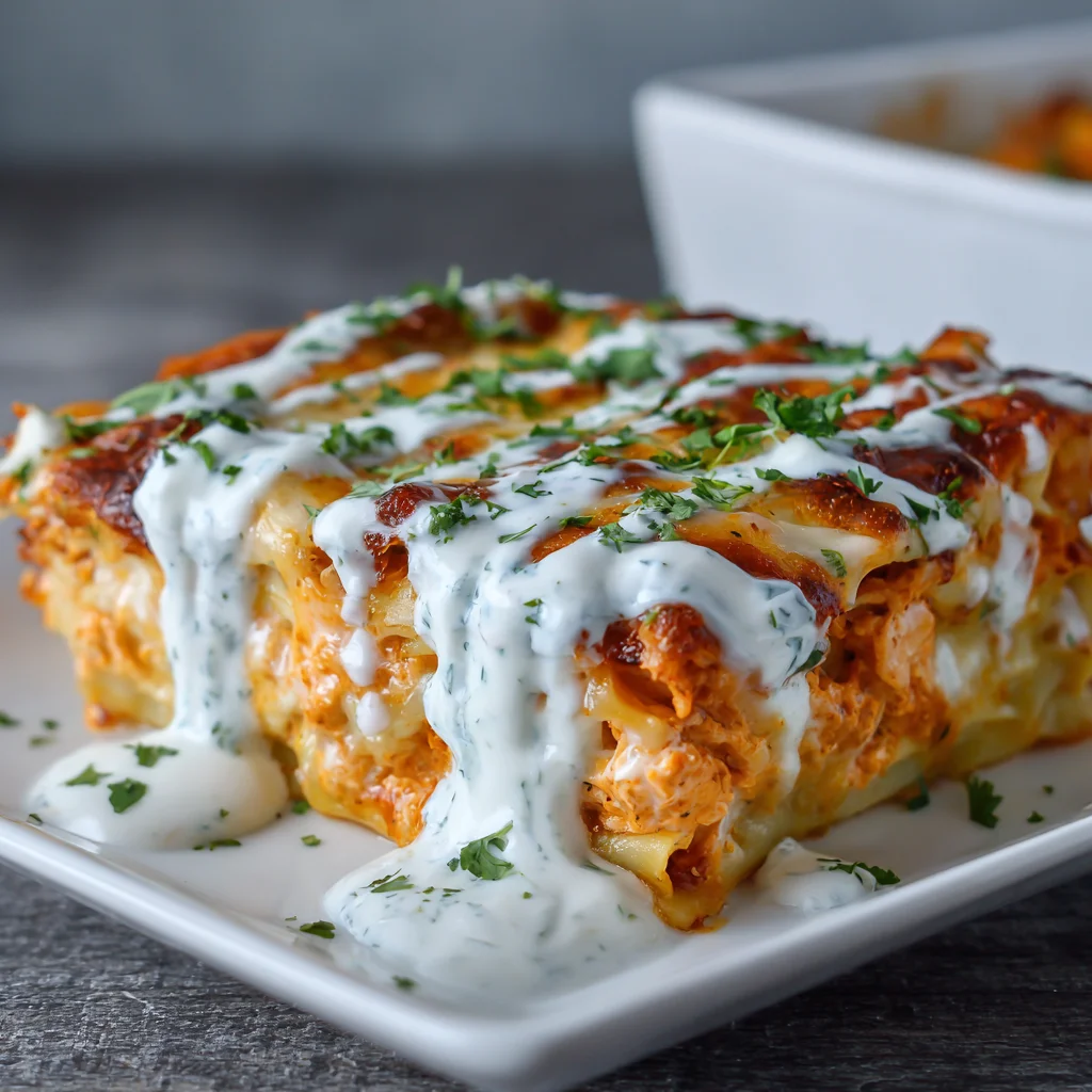 Cheesy Buffalo Chicken Lasagna with Ranch Drizzle – Spicy, Creamy
