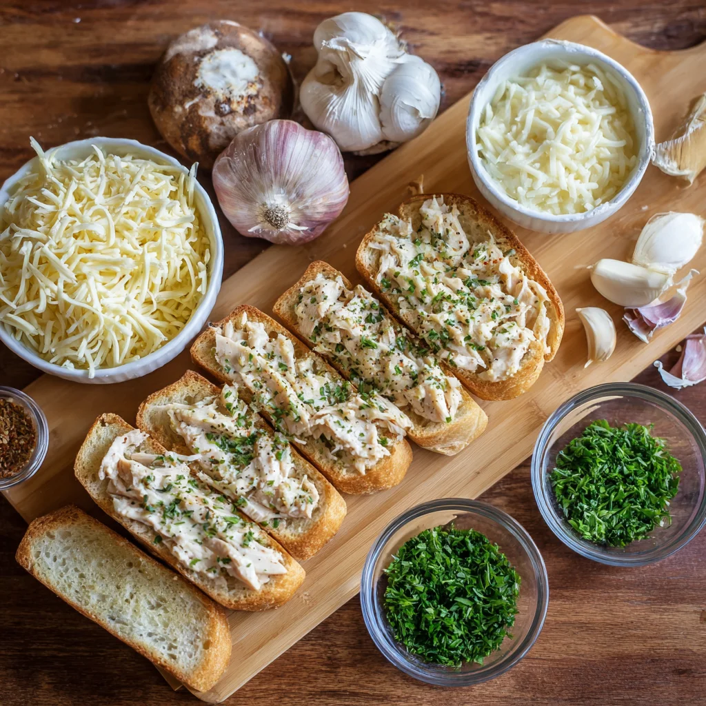 One-pot chicken alfredo garlic bread with creamy sauce and golden cheese in skillet