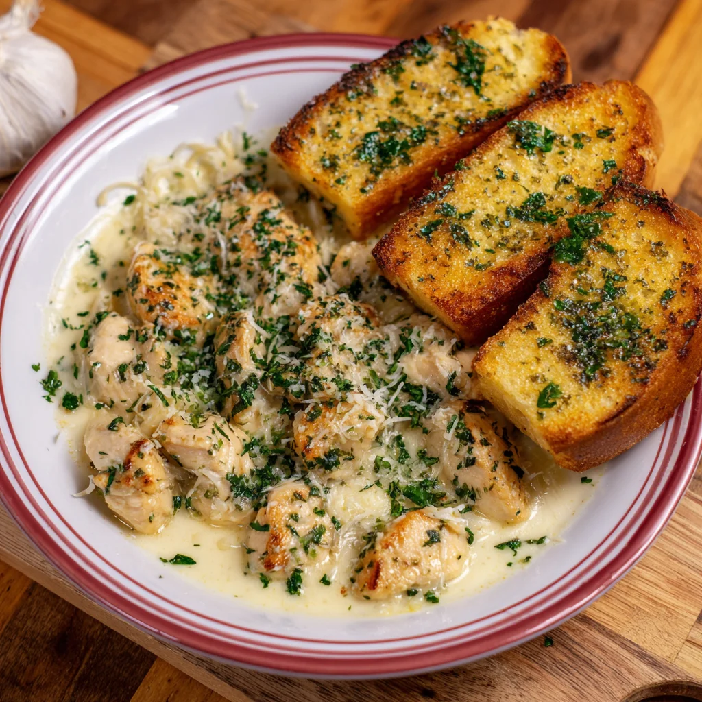 Serving chicken alfredo garlic bread from skillet to family plates