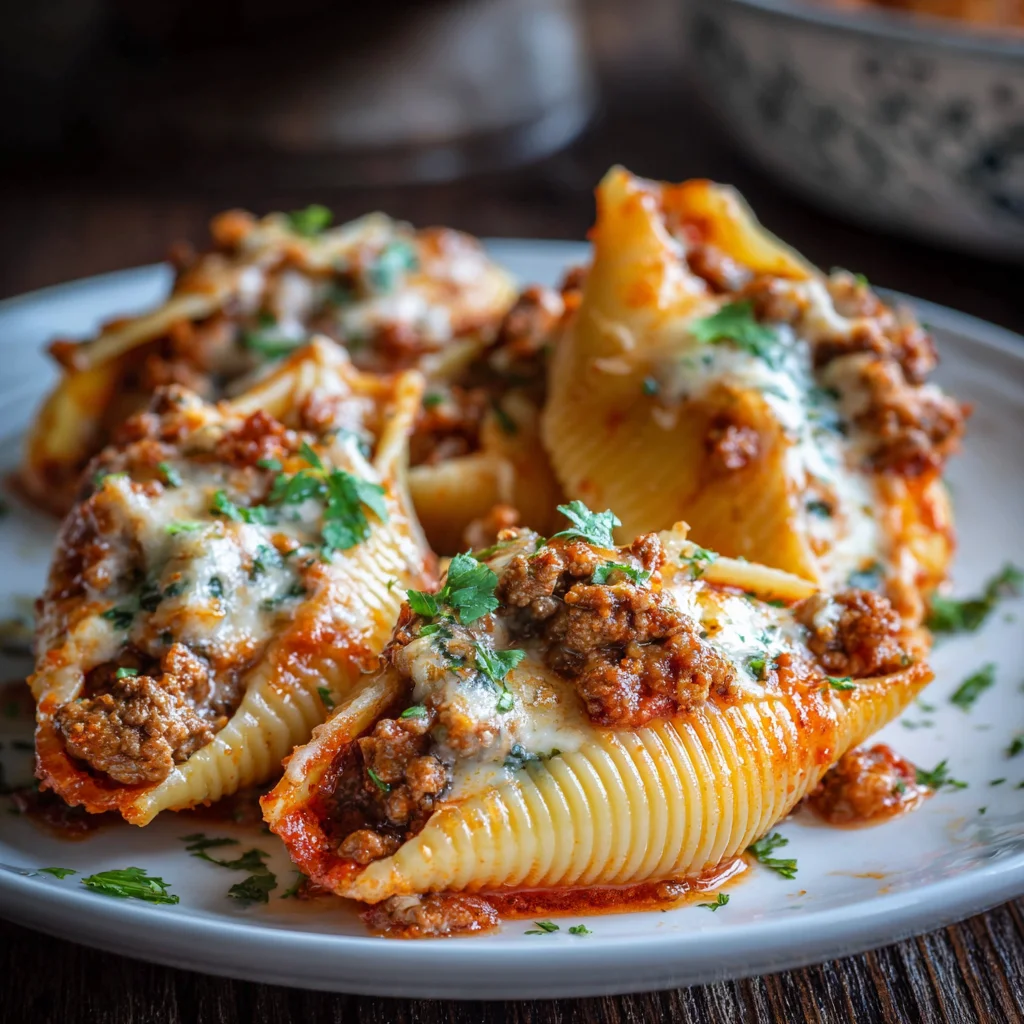 Golden cheesy stuffed shells with melty pull.