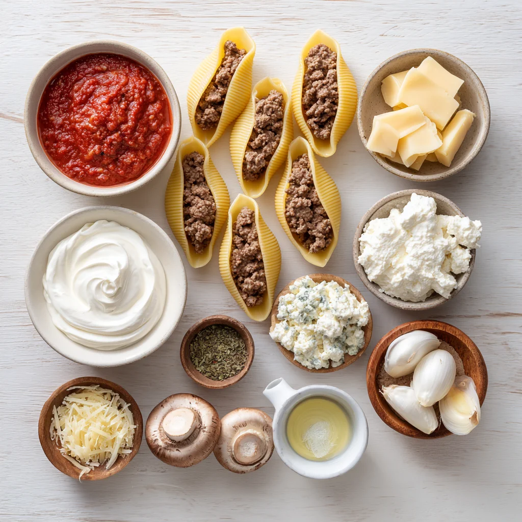 Creamy Ricotta Beef Stuffed Shells Pasta recipe ingredients