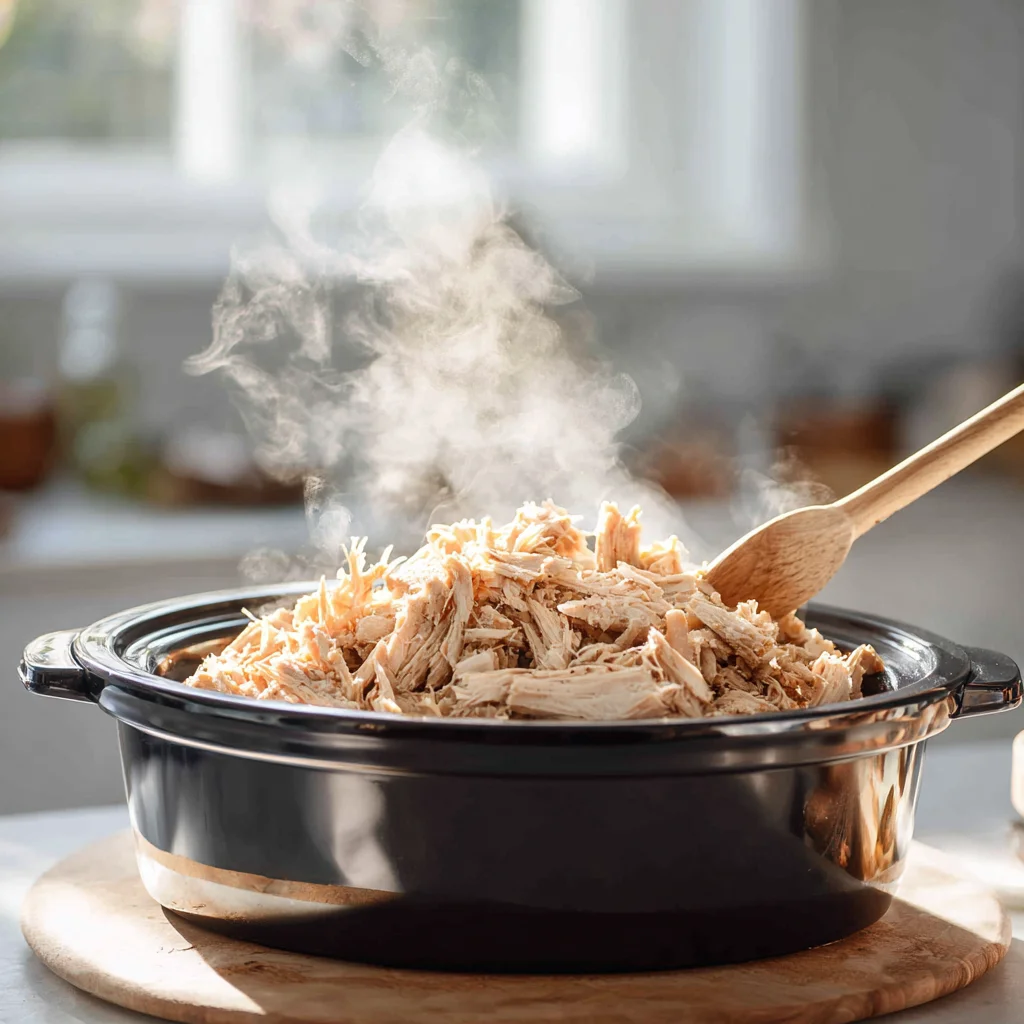 Shredding Mississippi chicken in the crockpot.