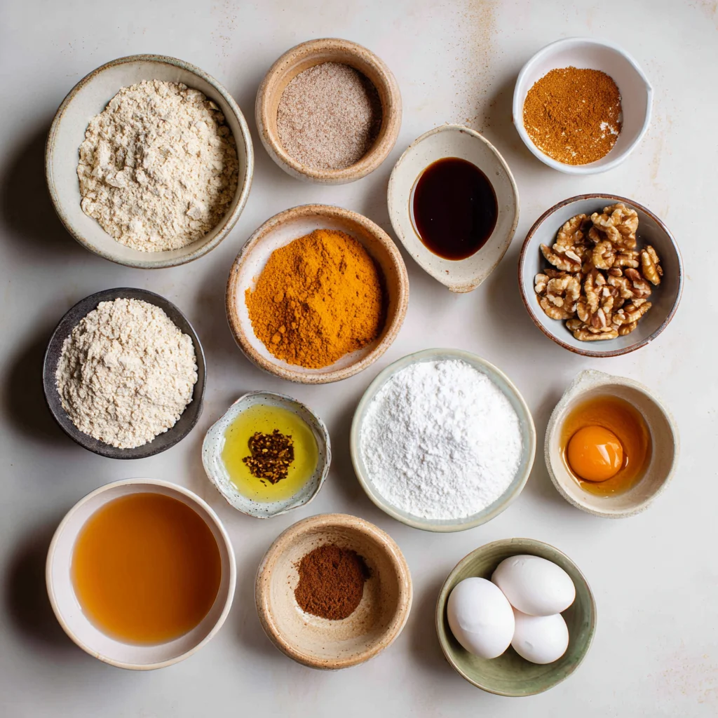 Flourless pumpkin muffin ingredients with pumpkin, almond butter, and spices.