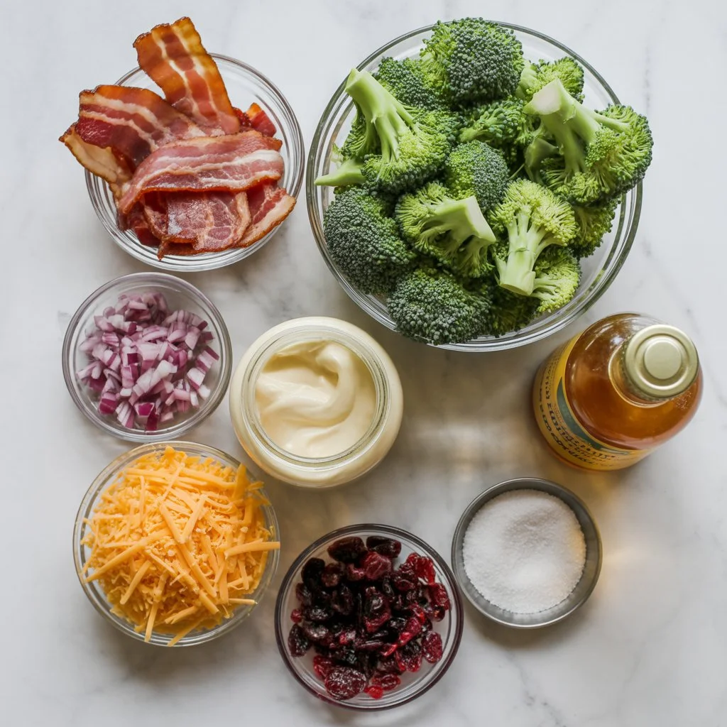 Ingredients for Amish Broccoli Salad arranged in a flat lay.